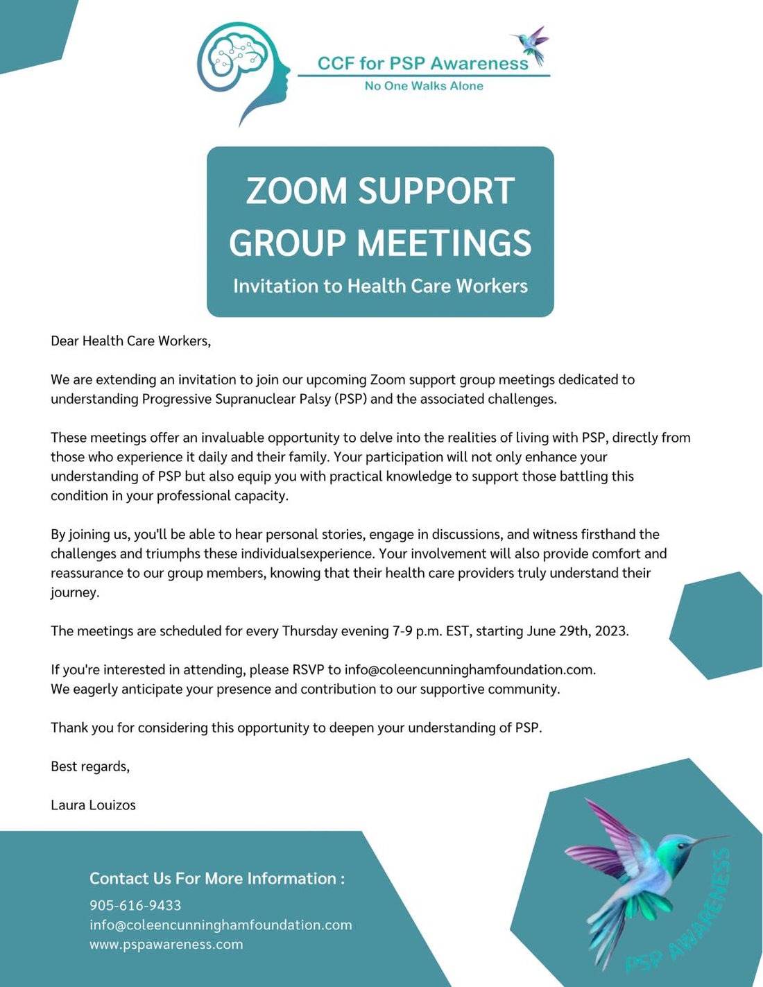 Invitations for health care workers to join our zoom support groups