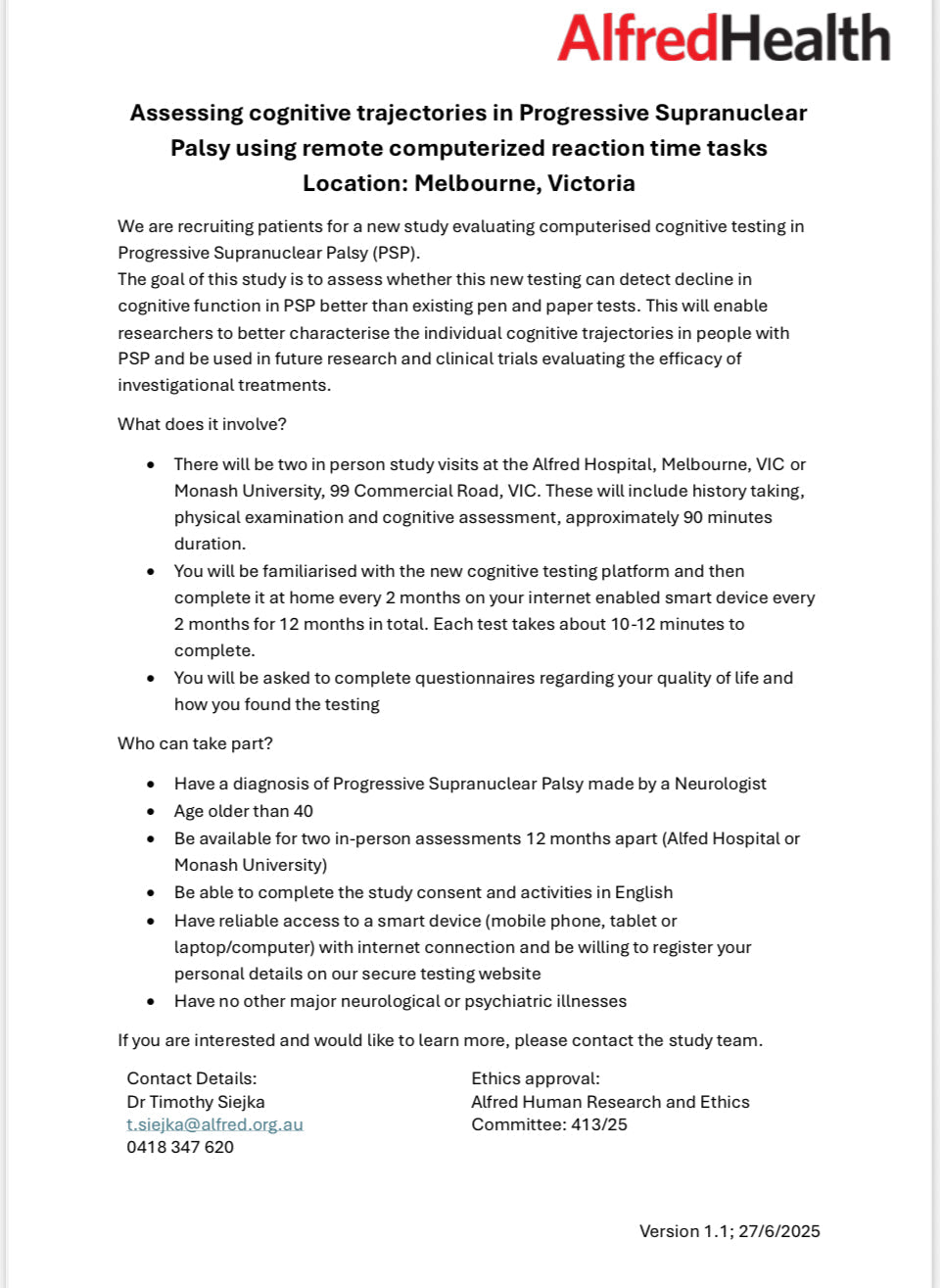 Recruiting participants for a groundbreaking study: “Assessing Cognitive Trajectories in Progressive Supranuclear Palsy Using Remote Computerized Reaction Time Tasks.”