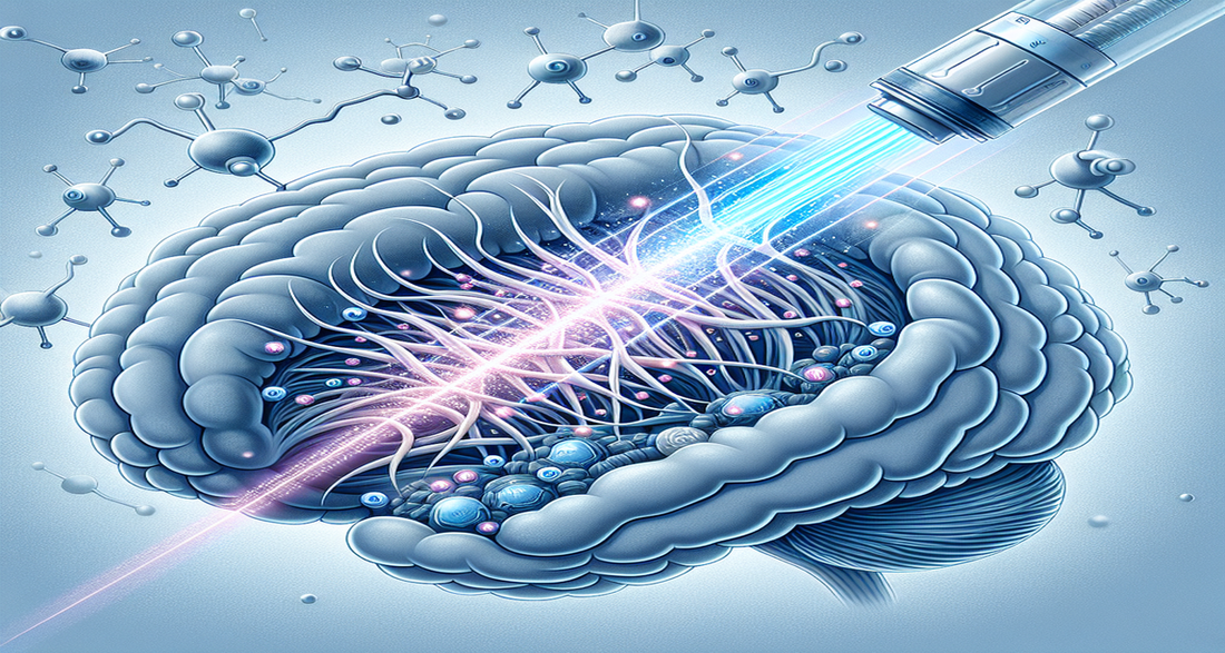 Detailed illustration of a human brain with glowing microtubules, interacting with soft blue NIR light, set against a modern, scientific background.